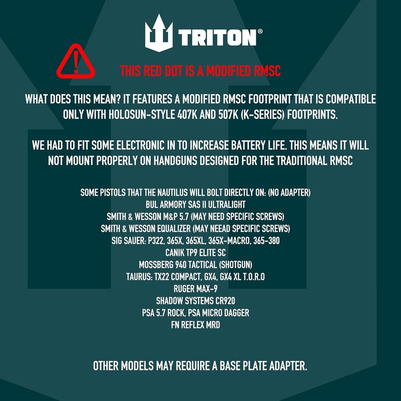 Triton ناوتيلوس 3 MOA | 407K، 507K بصمة | RMSc المعدل، بدون دعامات ارتداد خلفية، غير متوافق مع RMS | منظار نقطة حمراء ميكرو (MRDS) خالي من البارالاكس مع تقنية الاستيقاظ عند الحركة وعمر بطارية 50K ساعة - Image 3